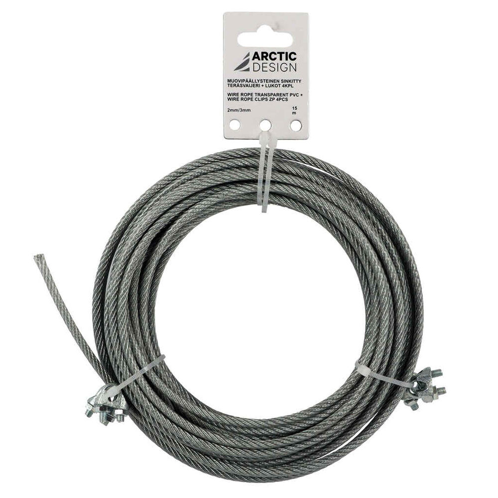 Teräsköysi 2/3 mm 15 m + 4 lukkoa